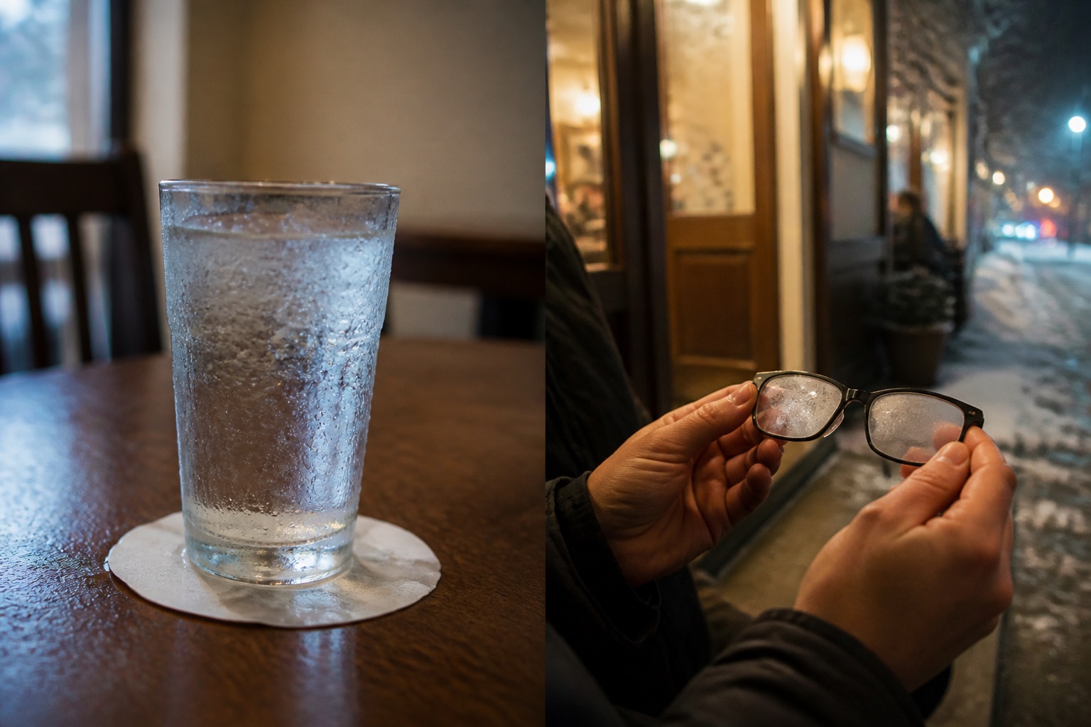 左右对照：左为室内桌上挂满水珠的冰水杯，右为从雪夜街上进门后两片镜片全糊住的眼镜